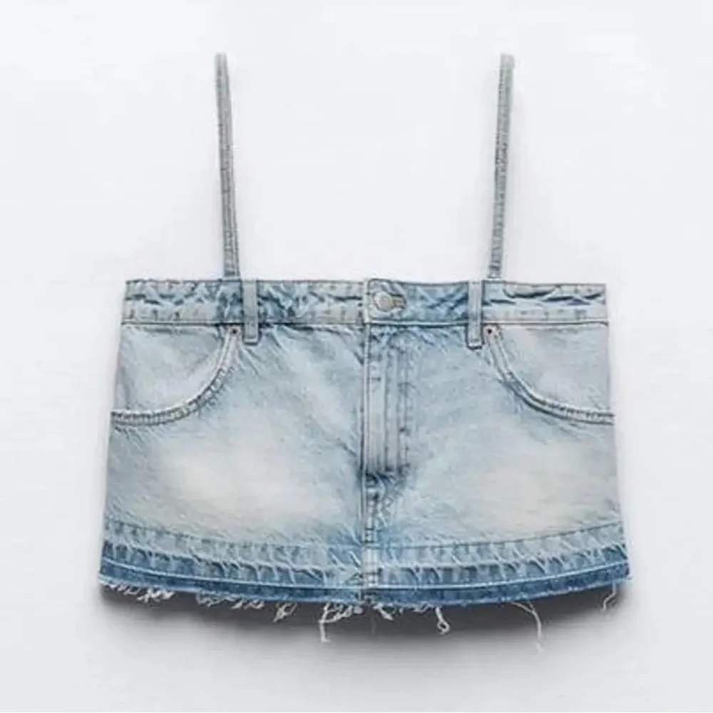 ZARA TRF‎ DENIM SKIRT EFFECT CROP JEAN TOP Sz XS